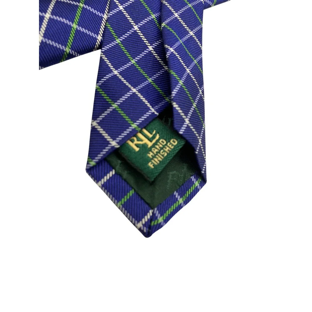 Ralph Lauren Men Blue Green White Plaid Silk Neck Tie Hand Finished Made USA New